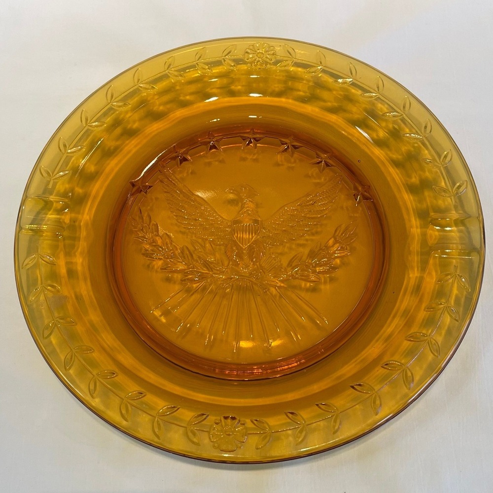 Vintage Amber Glass American Eagle Ashtray 8.25 Inch Patriotic Federal Style